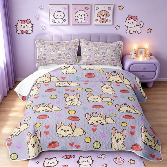 Manfei Cute Chihuahua Dog Twin Quilt Set, Pet Lover Twin Coverlet Set, Light Lavender, 2pcs, 1 Bedspread and 1 Pillowcase