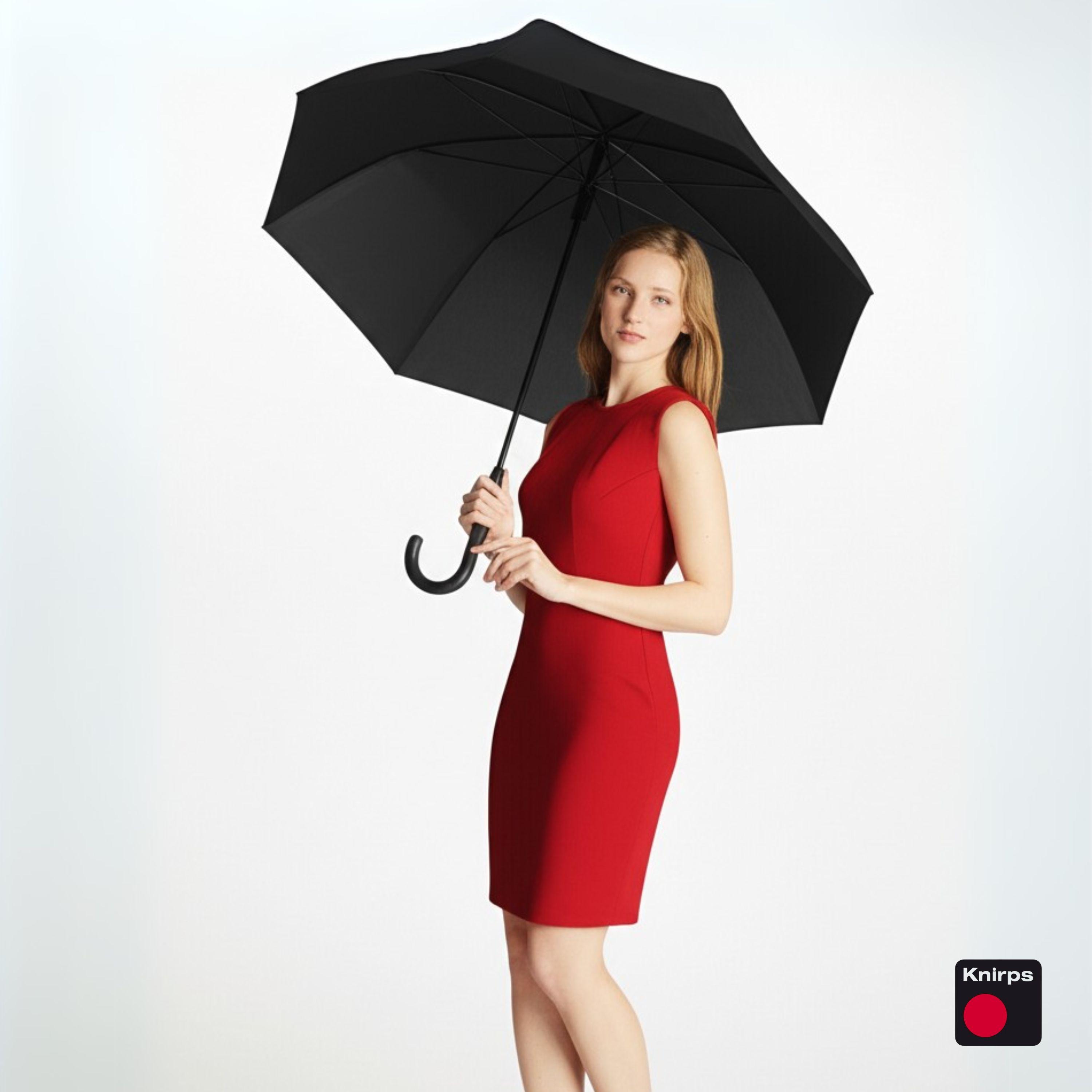 Knirps A.760 Curved Handle Rain Umbrella for Adults in Black – 42" Windproof Automatic Open Canopy, Ultra Lightweight Steel Aluminum Frame with Large Button, Rounded Tips, Polyester Case Included
