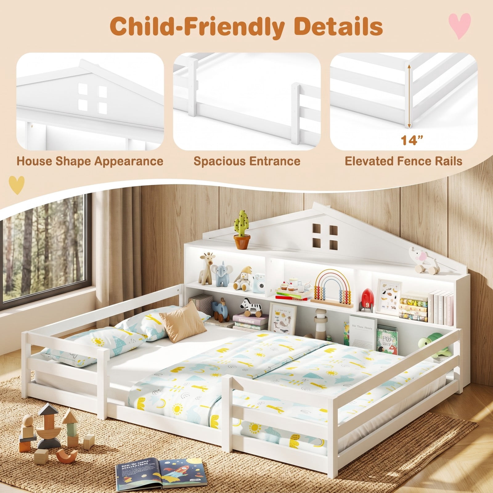 Furnibear Full Size Bed Frame Montessori Floor Bed with House Headboard and LED Lights, Kids Room Floor Bed Frame with Storage, White