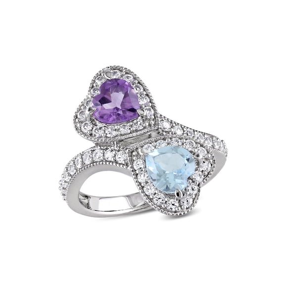 2.50 Carat (Ctw) Blue Topaz and Amethyst Heart Promise Ring in Sterling Silver with Lab Created White Sapphires for Women
