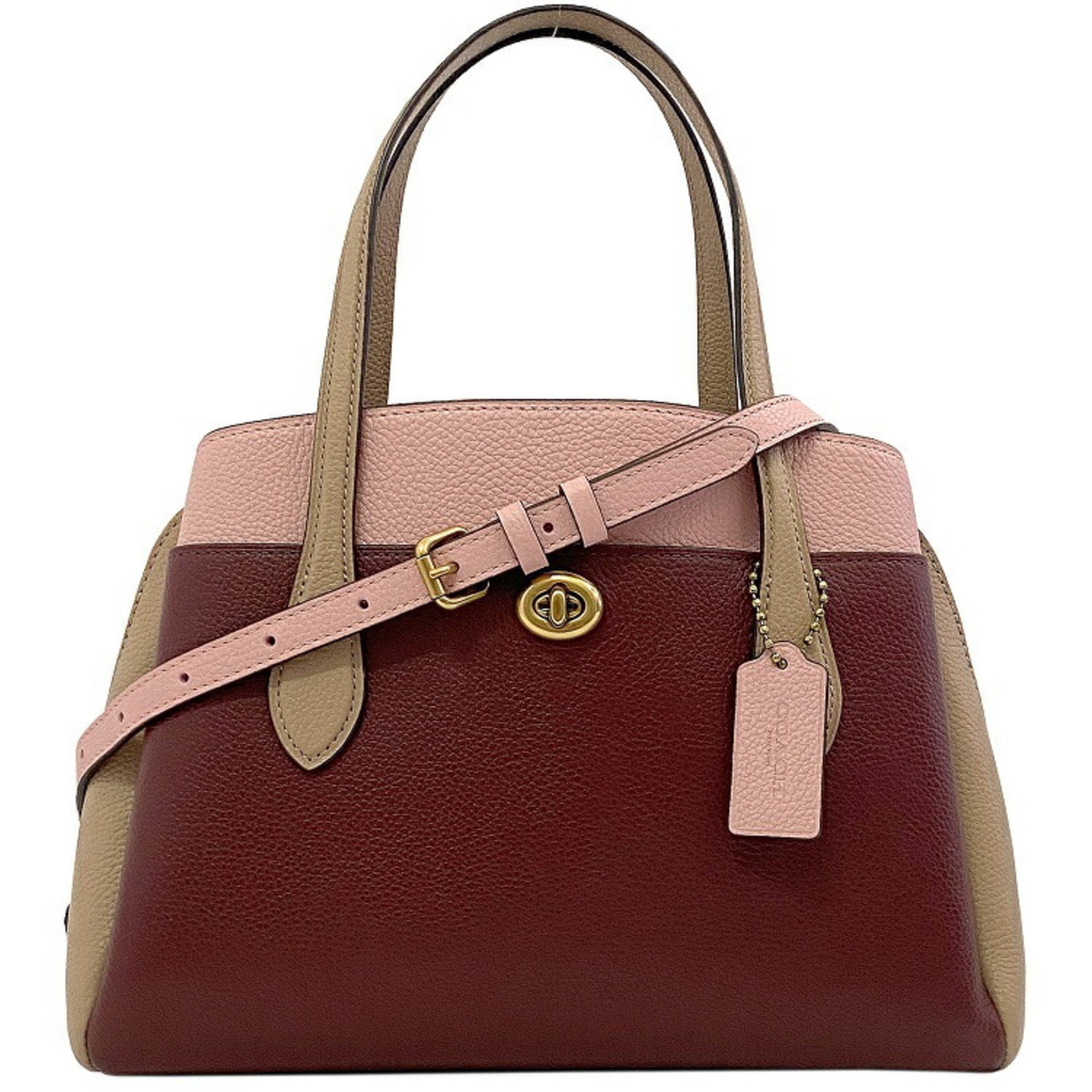 Authenticated Used Coach Bag Wine Red Pink Beige 5208 Leather COACH Hand  Shoulder Tote Top Handle Turn Lock Ladies Color Scheme 