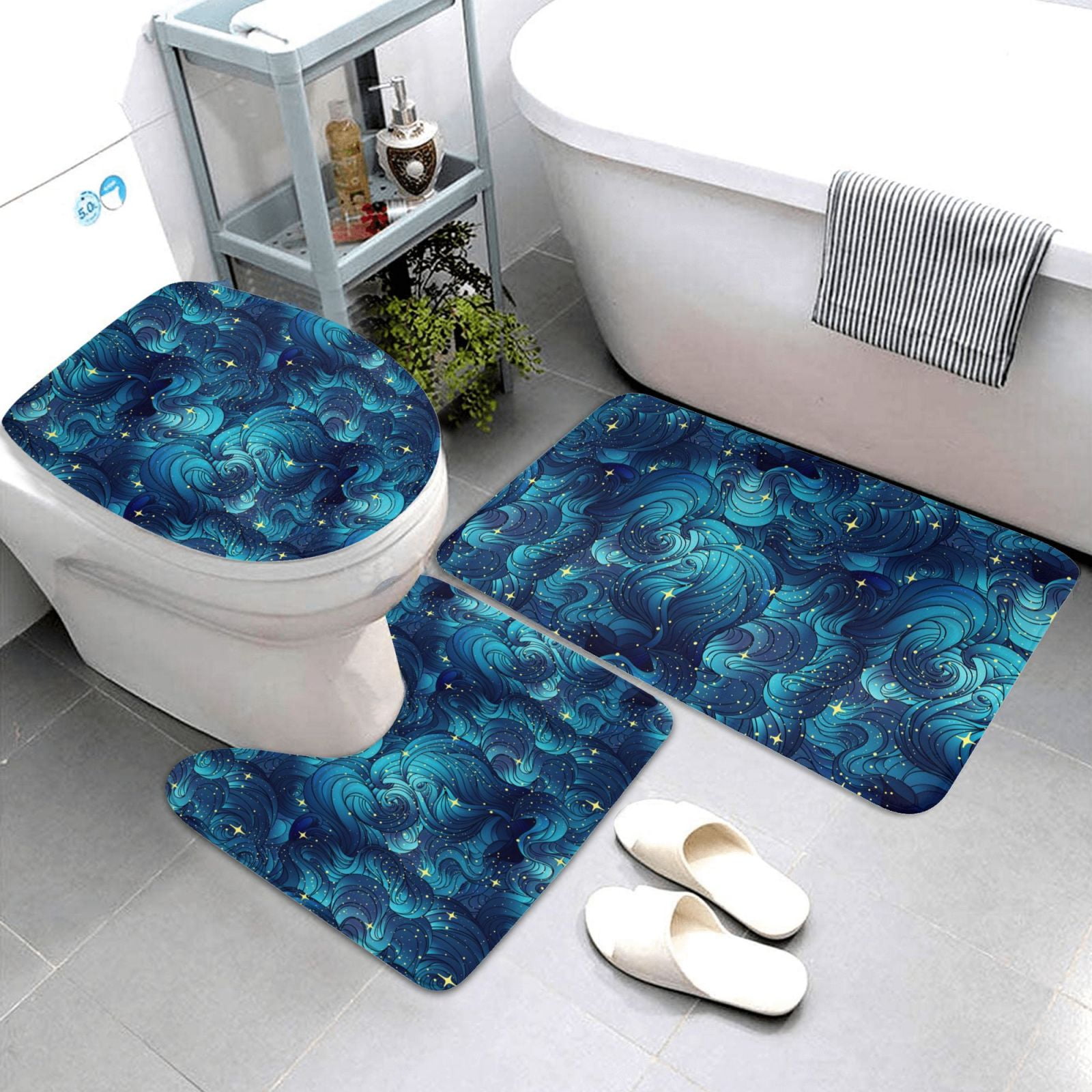 Bathroom Rugs Sets 3 Piece - shiny star navyblue wave Absorbent Non Slip Bath Mats, U-Shape Toilet Lid Cover, Contour Mat, Soft Washable Shower Mats Bath Rug Mat for Bathroom Tub Toilet