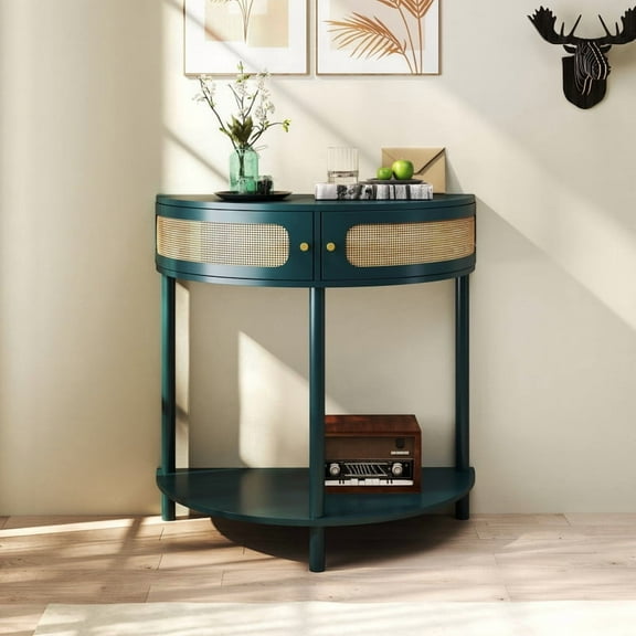 GOMYHOME Boho Rattan Semi Circle Console Table with Sliding Door & Bottom Shelf, Green