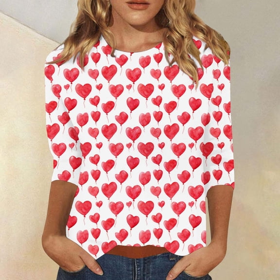 GILIGEGE Valentines Shirts for Women Trendy 2025 Cute Love Heart Print Tunic Tops Plus Size Casual Summer 3/4 Sleeve Blouses,Valentines Day Gifts for Women,3/4 Length Sleeve Womens Pullover Tops