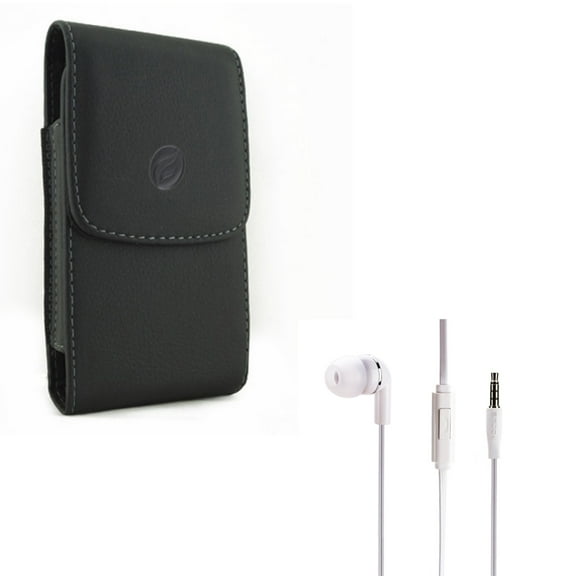 Black Leather Case w Flat Wired Headset MONO Handsfree Earphone Mic J9P for Kyocera DuraForce Pro 2 - LG G6 G8 ThinQ, G7 ThinQ - Motorola One, Moto X4 X Play G7 Play, Droid Maxx 2 - Nokia 8