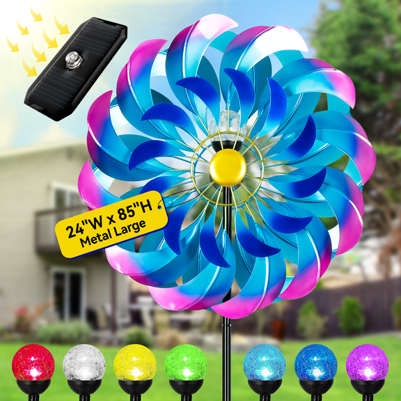 Beslands Solar-Powered Wind Spinner with LED Color-Changing Glass Ball Lights – 84 inch Metal Kinetic Sculpture, 360° Spinning Outdoor for Garden Yard Art Gift