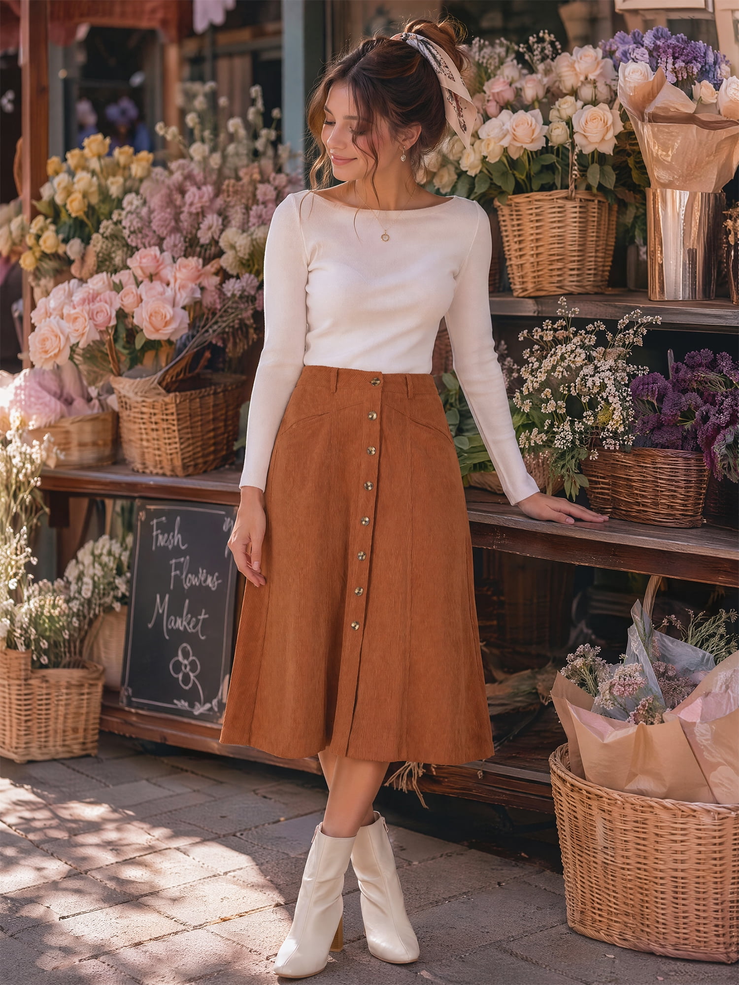 DARING DIVA Women's Corduroy A Line Midi Button Down Pockets Skirt XL Caramel