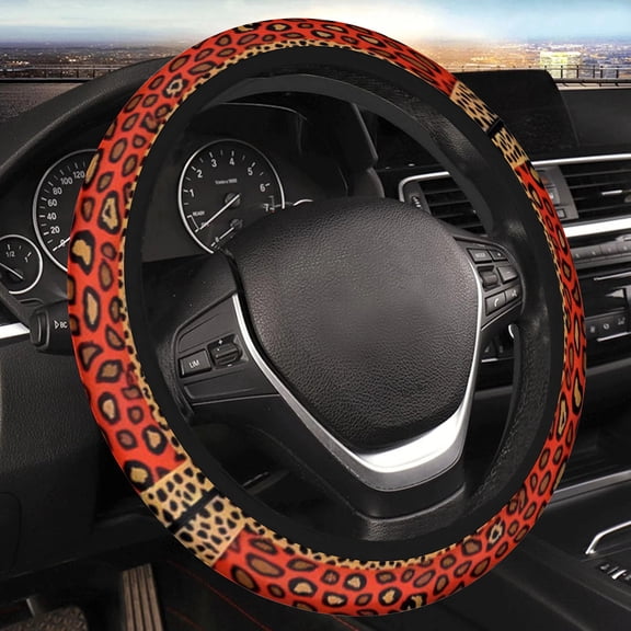 Car Steering Wheel Cover for Women Men, Non-Slip Breathable Steering Wheel, Red Brown Leopard Steering Wheel Protector, Car Accessories, Universal 14" 02/2-15" Fit Auto, Suvs