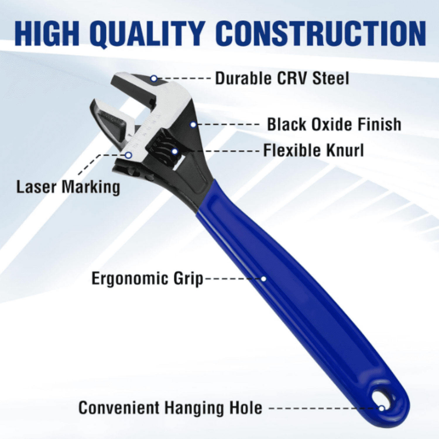 5-piece Adjustable Wrench Set, 4-Inch & 6-Inch & 8-Inch & 10-Inch & 12-Inch Wrenches, Wide Jaw Black Oxide Wrench, Metric & SAE Scales, Cr-V Steel, for Home, Garage, Workshop