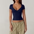 thumbnail image 2 of Women's V Neck Short Sleeve Tops With Built-in Seamed Cup And Double Lined Featuring Fitted Cropped Cut Navy M, 2 of 9