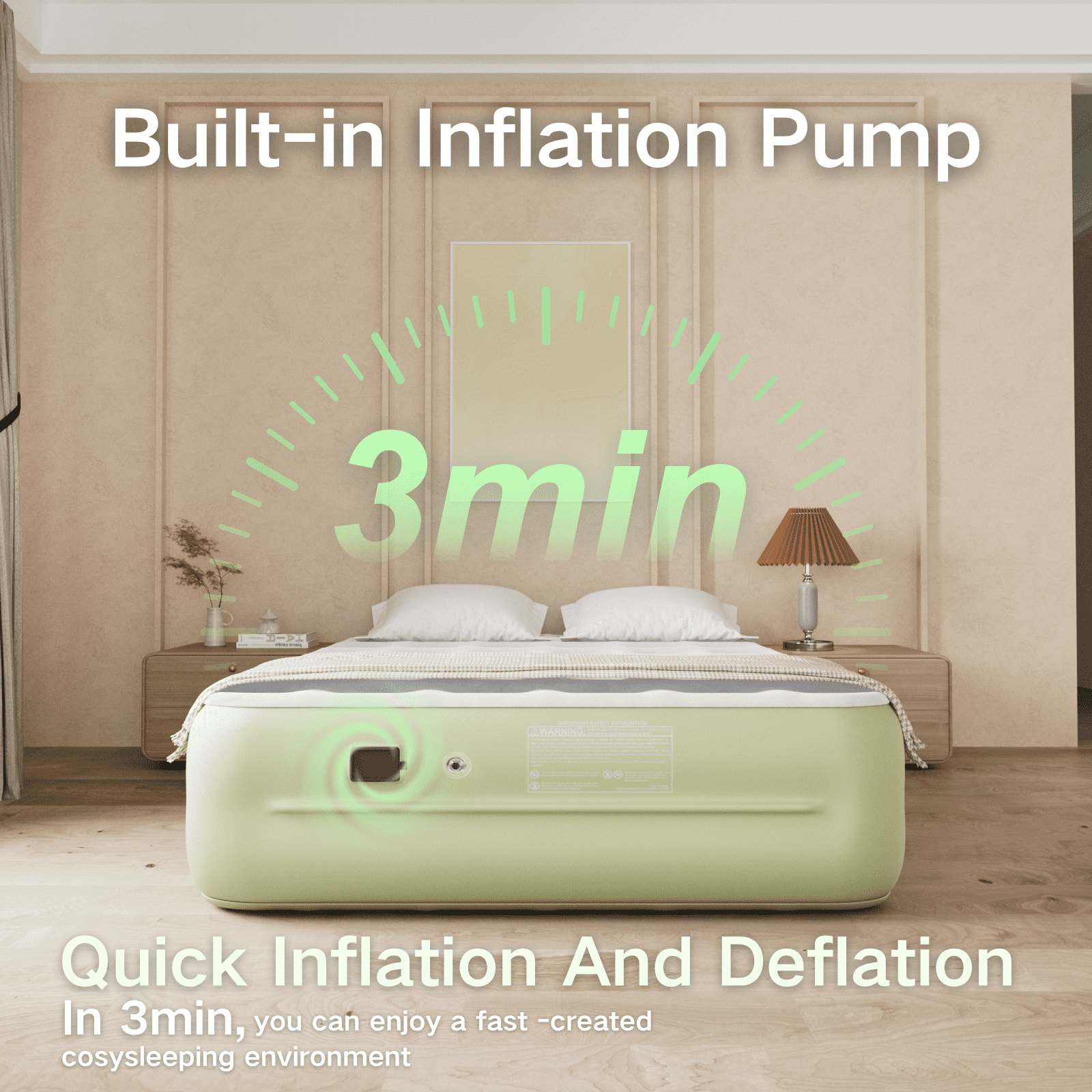 Luxury Queen Air Mattress with Built-In Battery Pump,Heavy-Duty Waterproof Veltex Surface for Indoor/Outdoor Use,Portable Inflatable Camping Bed & Guest Bed(Green)