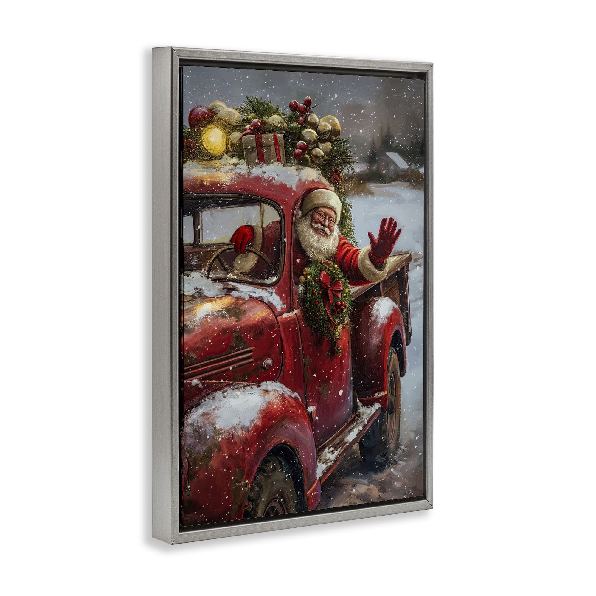 Stupell Industries Santa Waving Hello Holiday Painting Gray Floater Framed Canvas Art Prints Wall Art, 21 x 31