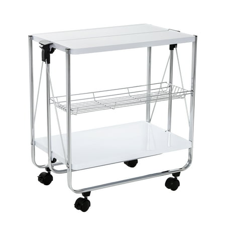 Honey-Can-Do - Modern Foldable Kitchen Cart with Wheels and Metal Basket - White/Chrome