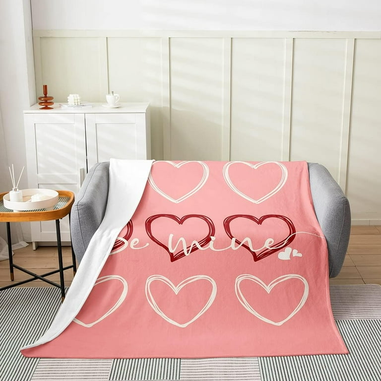 Romantic Love Blanket Twin 60x80 Inch Valentines Day Throw Blanket Heart Love Pink Be Mine Print Geometric Fleece Blanket For Girls Woman Kids Kawaii