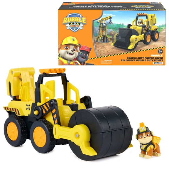 Rubble & Crew Rubble Double Duty Power Dozer, Toy Car Bulldozer with 2-in-1 Roller to Plow Action & Working Wheels, Preschool Toys for Kids Ages 3
