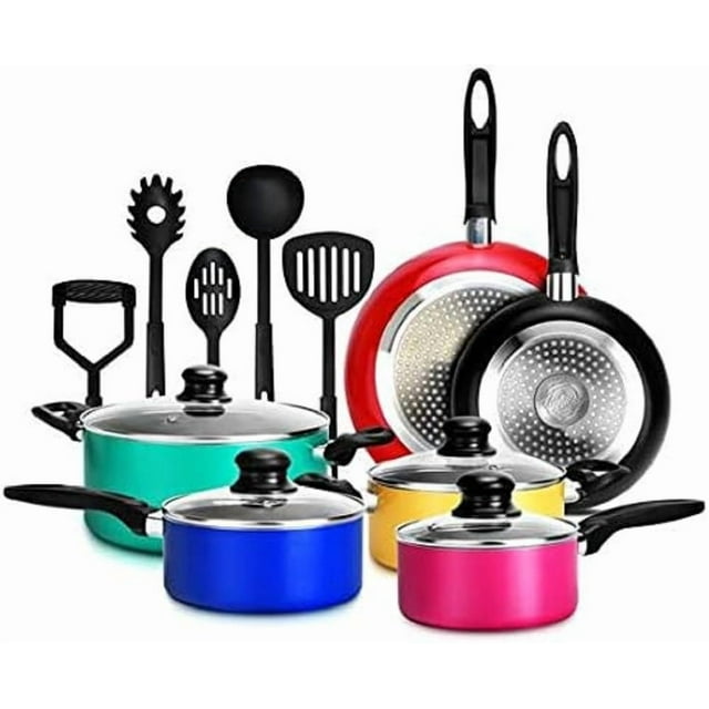 Juego de utensilios de cocina antiadherentes NutriChef de 15 piezas | Lacado resistente al calor, incluye ollas y sartenes, cacerola, sartenes, ollas, olla para horno, tapas y utensilios.