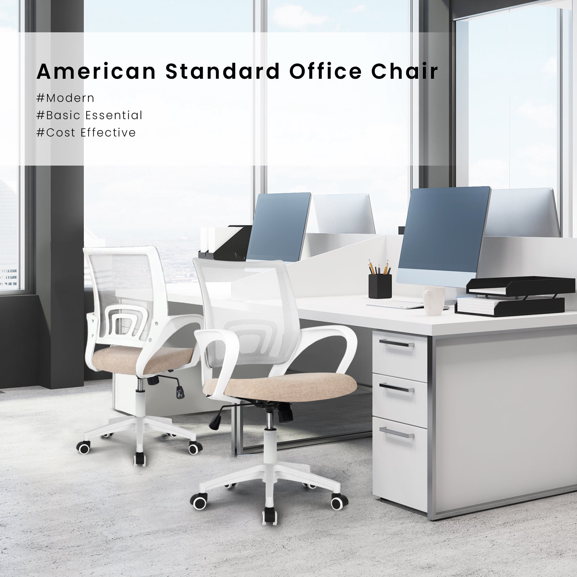 CELTOSS Office Chair, Adjustable Height, Ergonomic Lumbar Support and Armrests for Adults, Beige