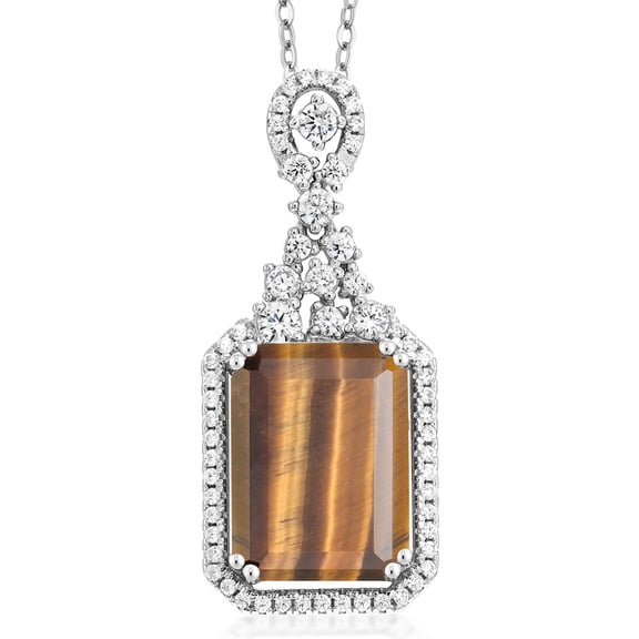 Gem Stone King 7.10 Ct Emerald Cut Brown Tiger Eye 925 Sterling Silver Pendant with Chain
