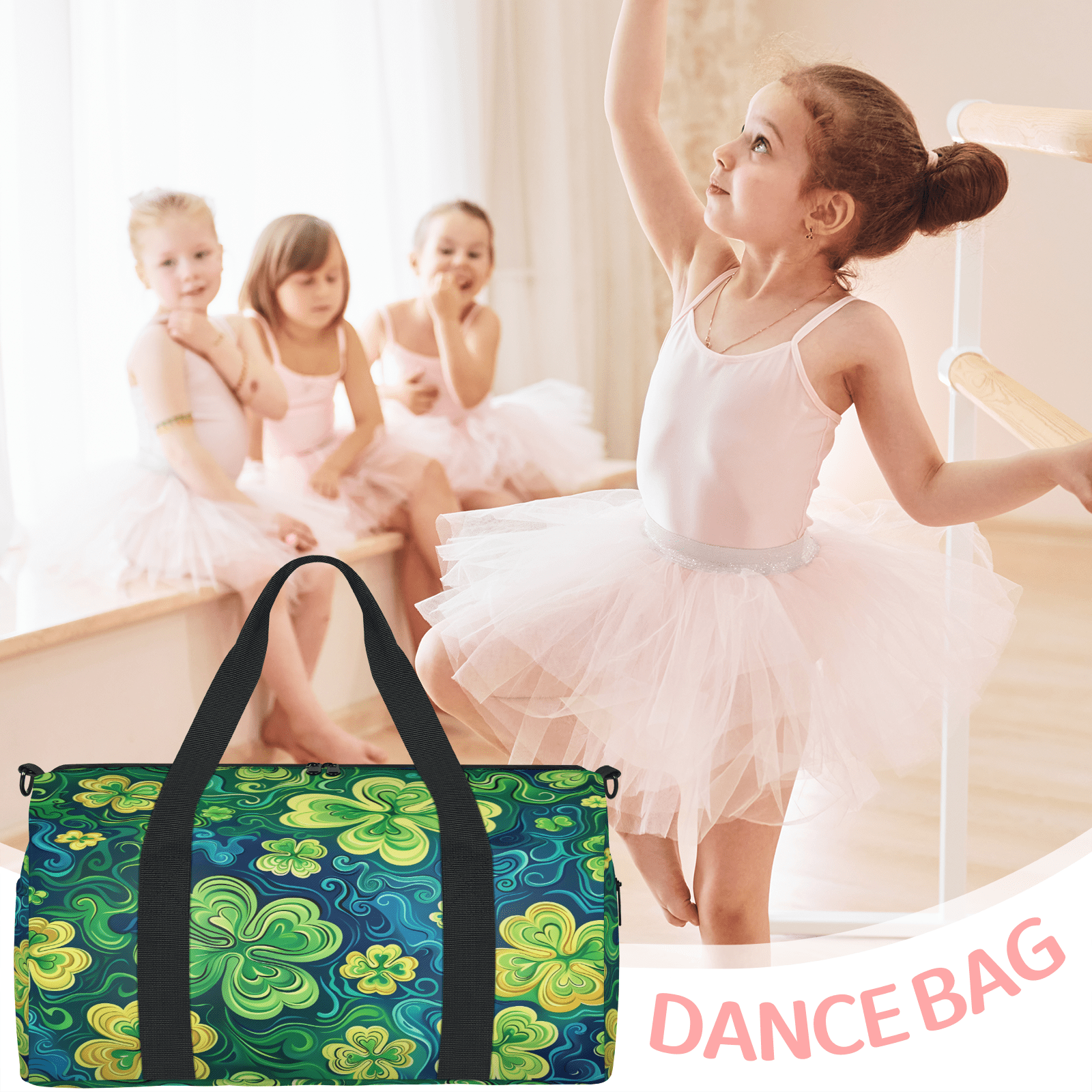 Herdesigns St Patricks Day Gym Bag for Women, Duffle Bag for Travel Sport, Lucky Clover Shamrock Lightweight Waterproof Carry on Weekender Dance Yoga Workout Bags