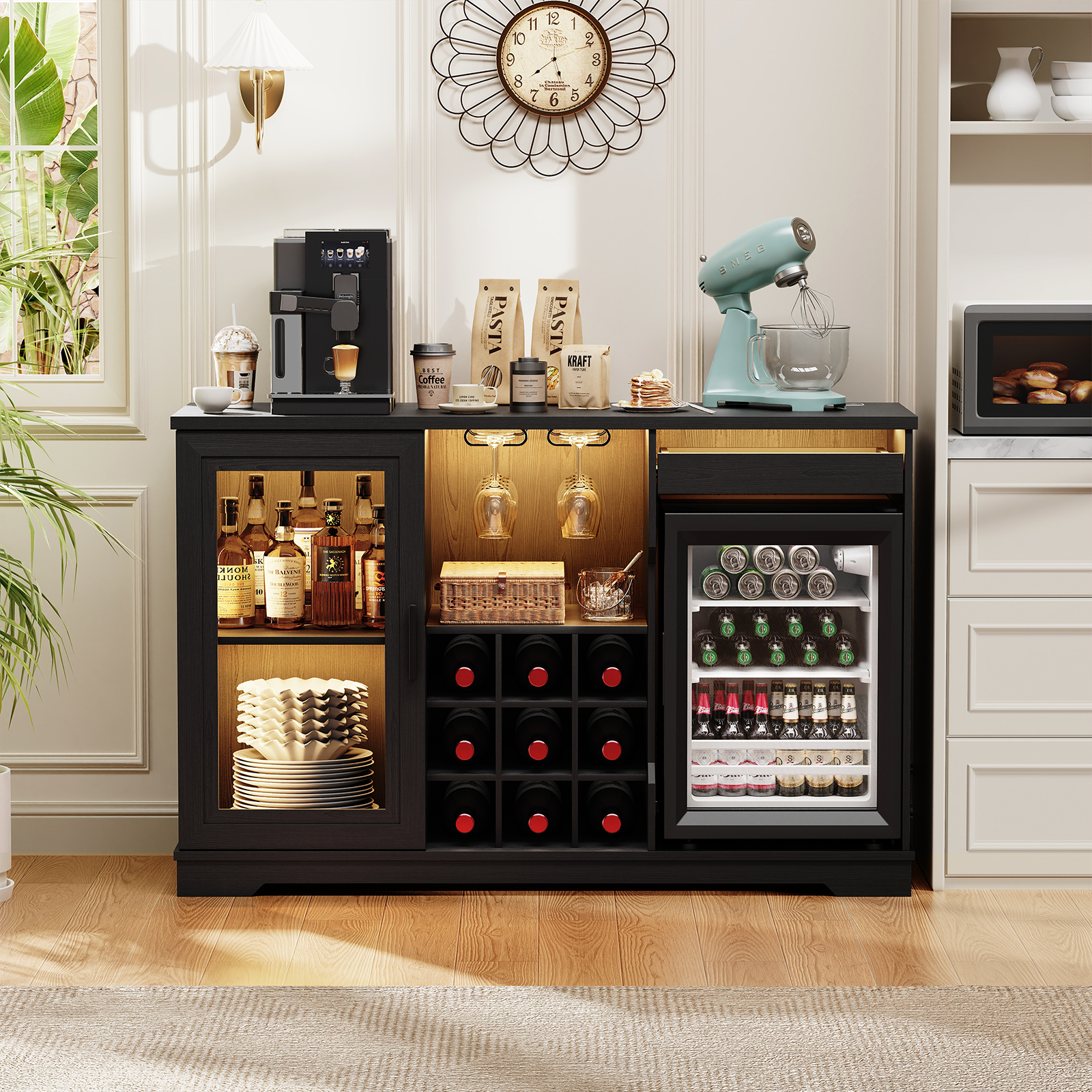 BROTTAR Wine Bar Cabinet with Fridge (Included), 47" Liquor Coffee Bar Cabinet with LED Lights & Rack, Mini Fridge Cabinet with Storage, Human Body Sensor, Buffet Sideboard for Dining Room, Black