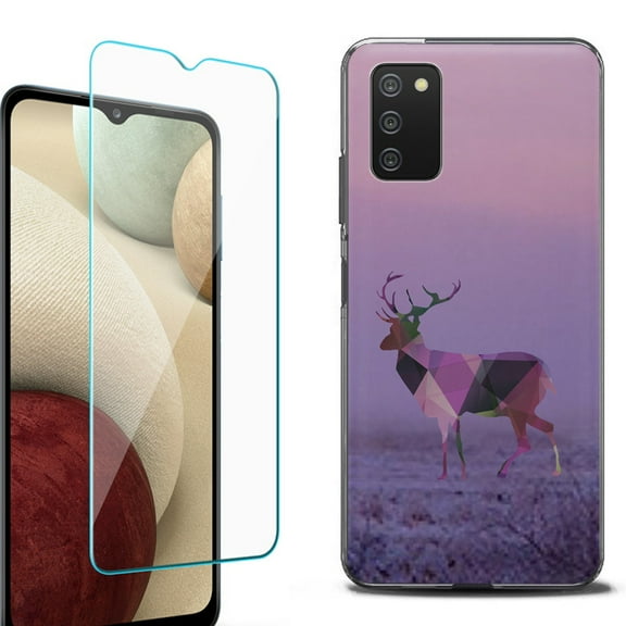 Slim-Fit Protective Fashion Phone Case (Black) for Samsung Galaxy A03s, with Tempered Glass Screen Protector, by OneToughShield ® - Deer/Polygon