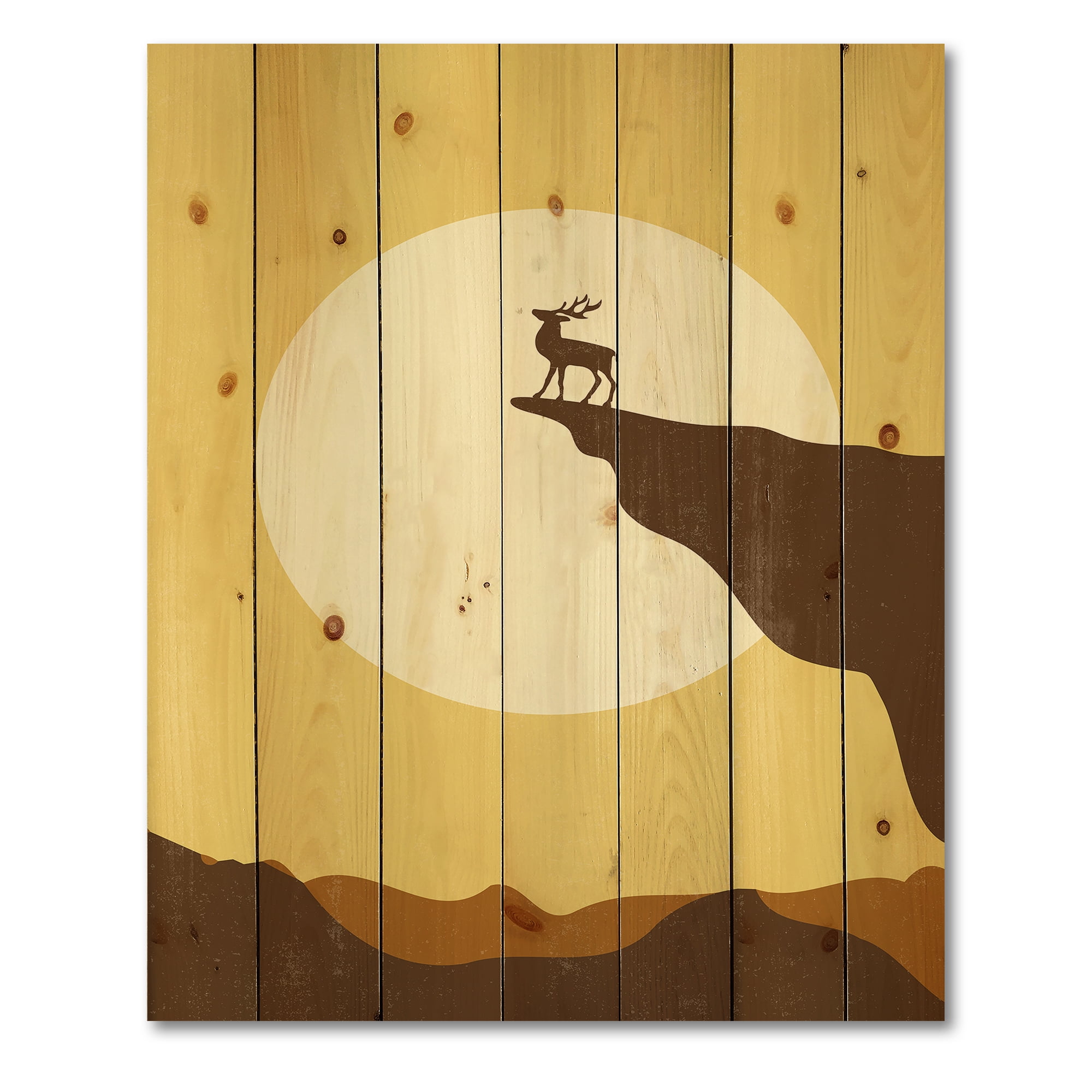Designart 'Minimalistic Deer At Sunset On Mountain Top' Lake House Print on Natural Pine Wood