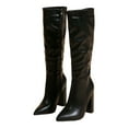 thumbnail image 4 of Womens Knee Length Tall Boots Leather Pointed Toe Chunky Block High Heels Mid Calf Dress Boots Black, 4 of 8