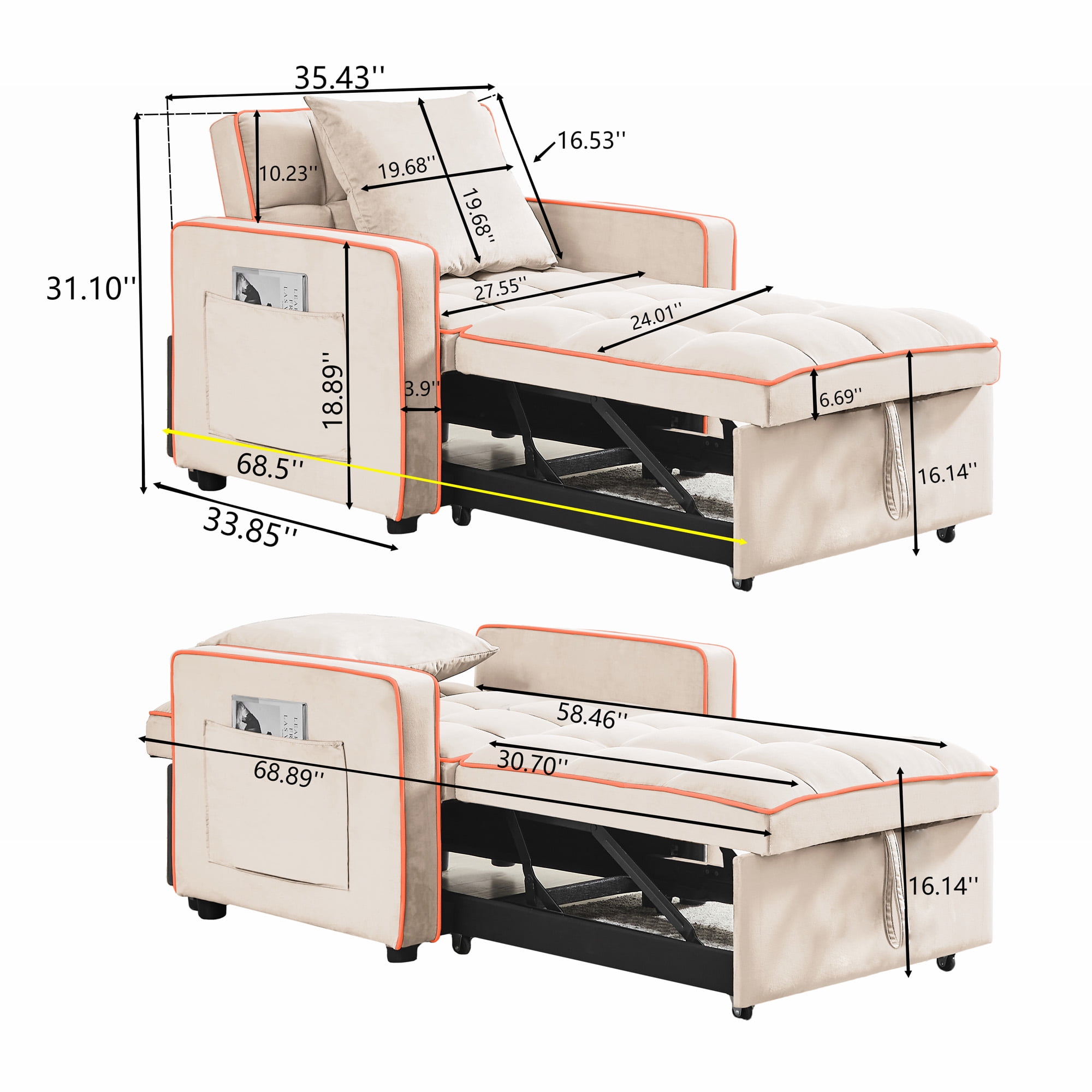 Aukfa Sleeper Chair Bed, Convertible Pull Out Sofa Bed for Living Room Apartment, Beige