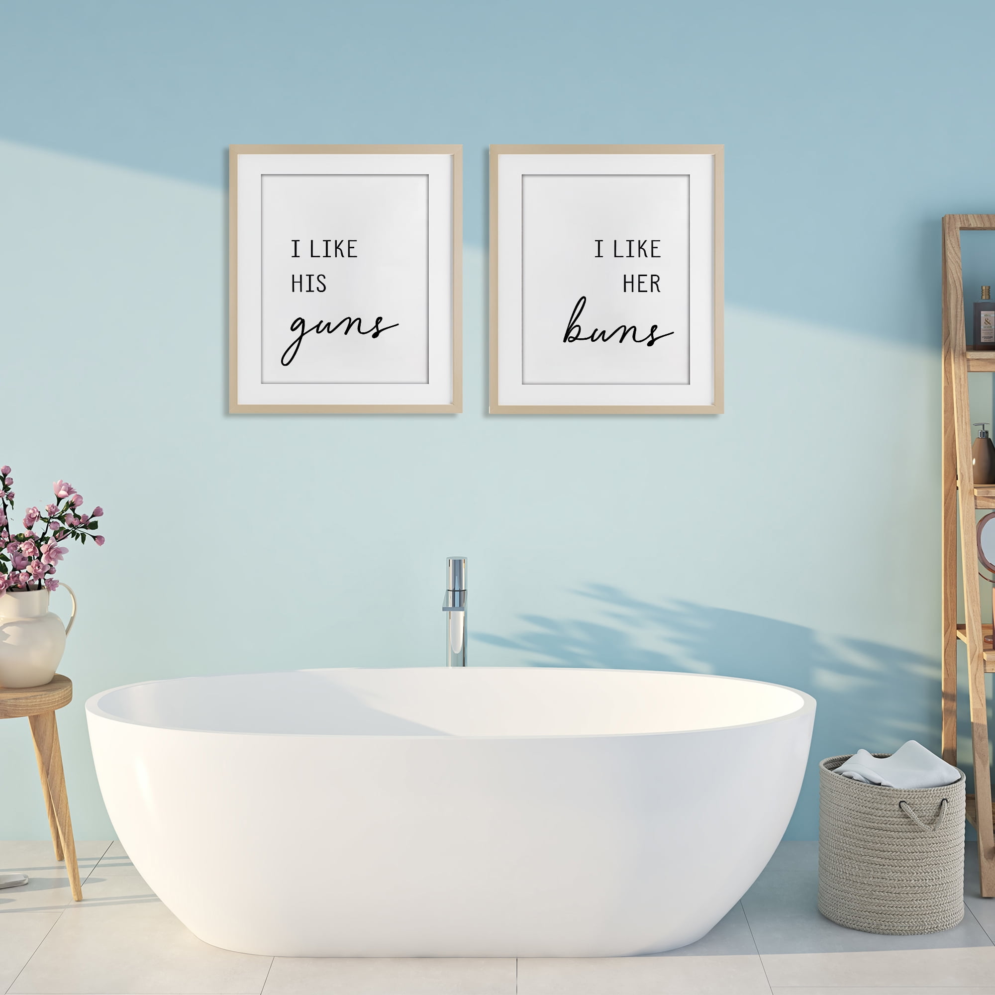 Like His Guns & Her Buns 2 Piece Birch Framed Print Under Glass Set, design by Lettered and Lined