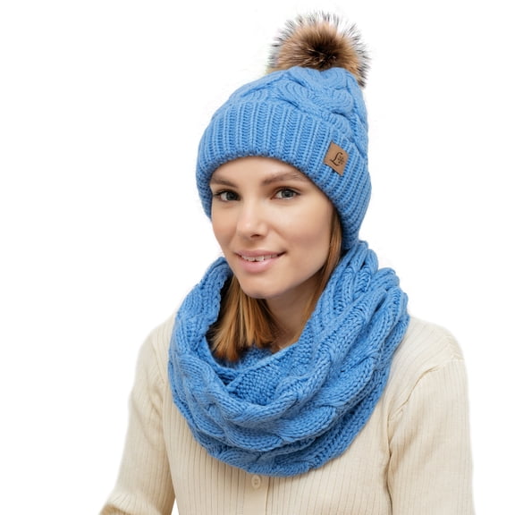Lelaffet Women Hat Scarf Set Pom Beanie Girls Cute Winter Ski Hat Slouchy Knit Cap with Fleece Lined Blue