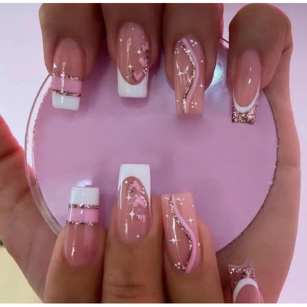 24 piezas de uñas postizas decoradas cuadradas medianas cortas realistas con pegamento Deng Xun unisex