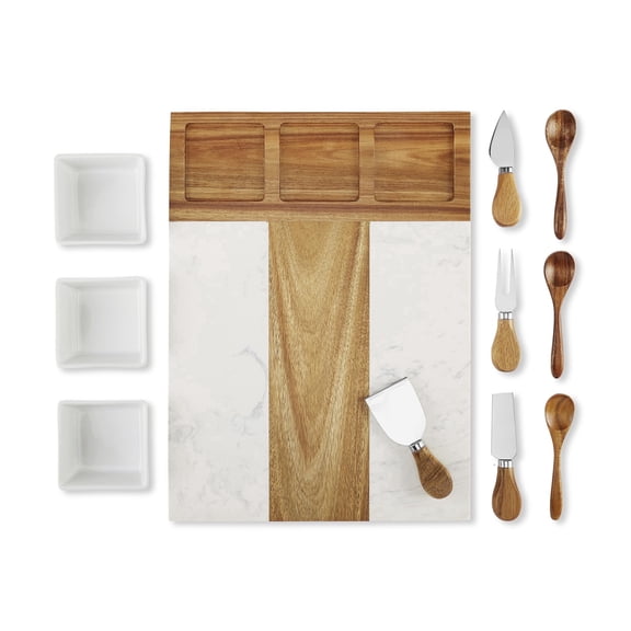 makerflo Marble & Acacia Wood Charcuterie Board – 11-Piece Serving Set with Bowls & Utensils – Laser Engraving Blank – Bulk Wholesale Gift- Pack of 1