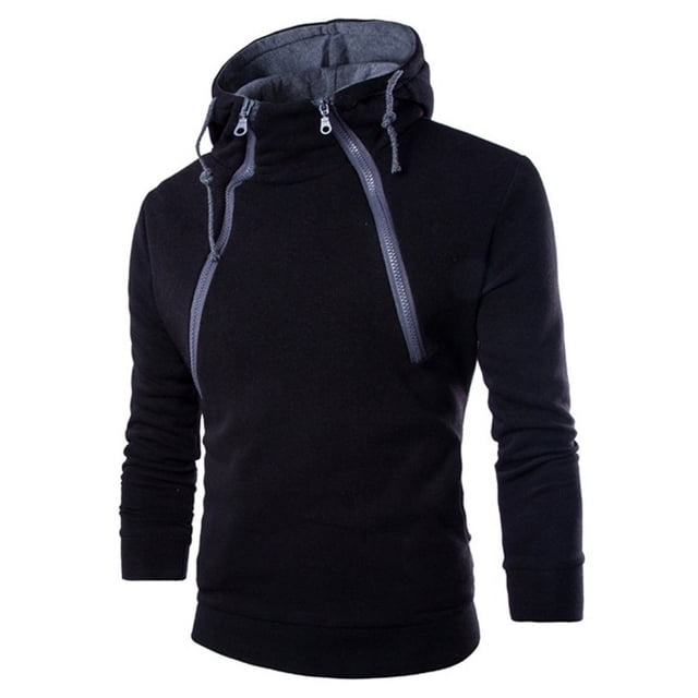 Sudadera con capucha de cuello alto para hombre, suéter de manga larga con cremallera doble Diagonal, Color sólido, deportes al aire libre, Casual, blanco y negro, Invierno