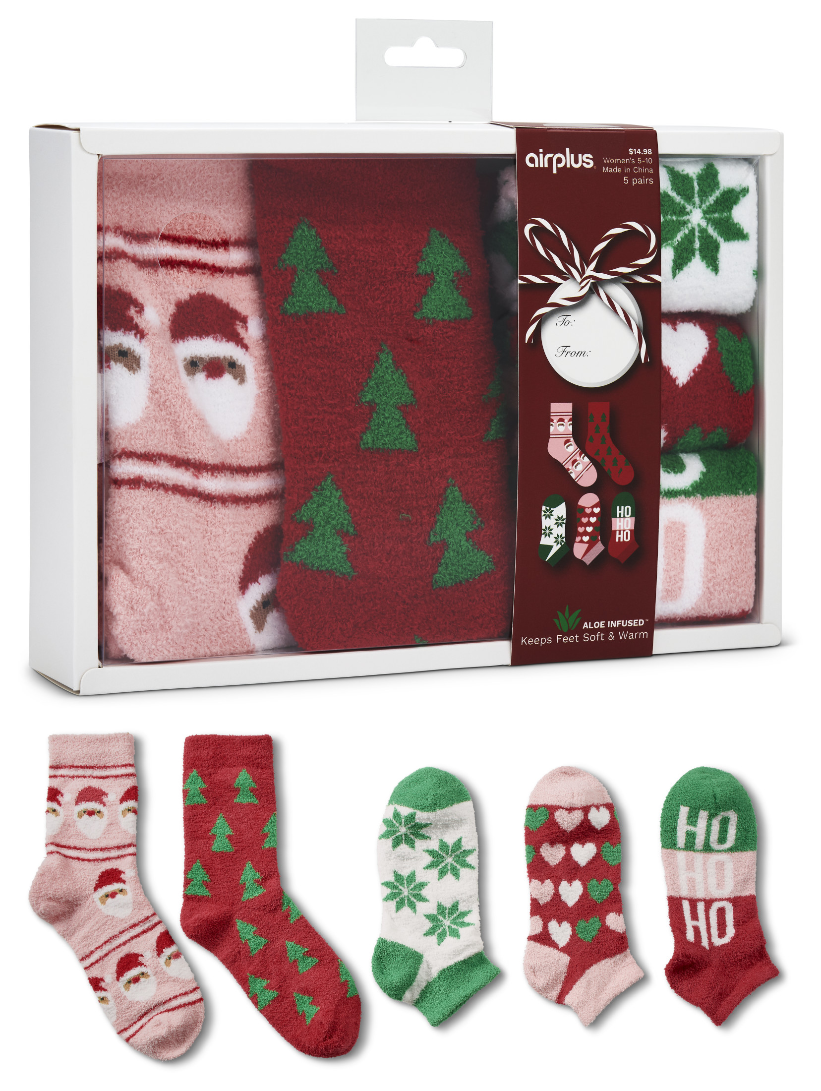 Airplus Aloe Infused Spa Low Cut and Crew Socks, Love Christmas Gift box, Women's Size 5-10