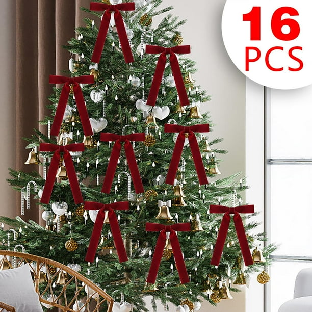 16 Lazos de Terciopelo para Árbol de Navidad | Elegantes Lazos para Coronas y Guirnaldas | Suave Material Sedoso | Diseño Fácil de Atar para Decoración Navideña | Adornos para Regalos Festivos