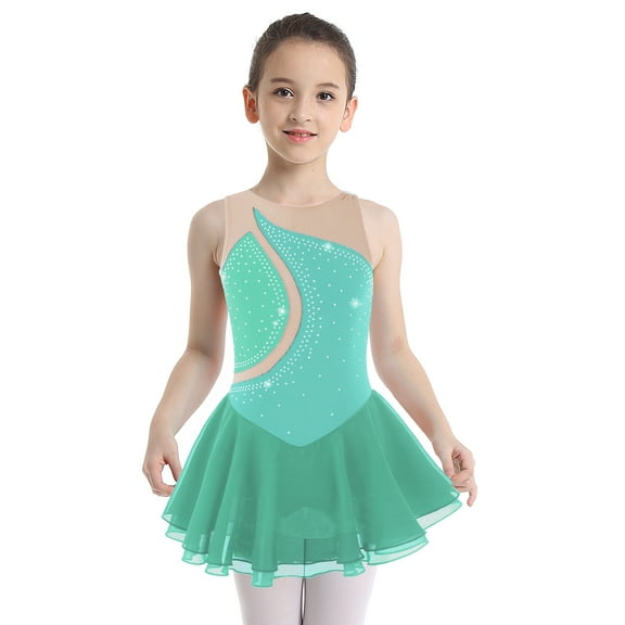 ZDHoor Kids Girls Sparkling Rhinestone Dance Leotard Sleeveless Patchwork Ballet Modern Dance Dress Green 6