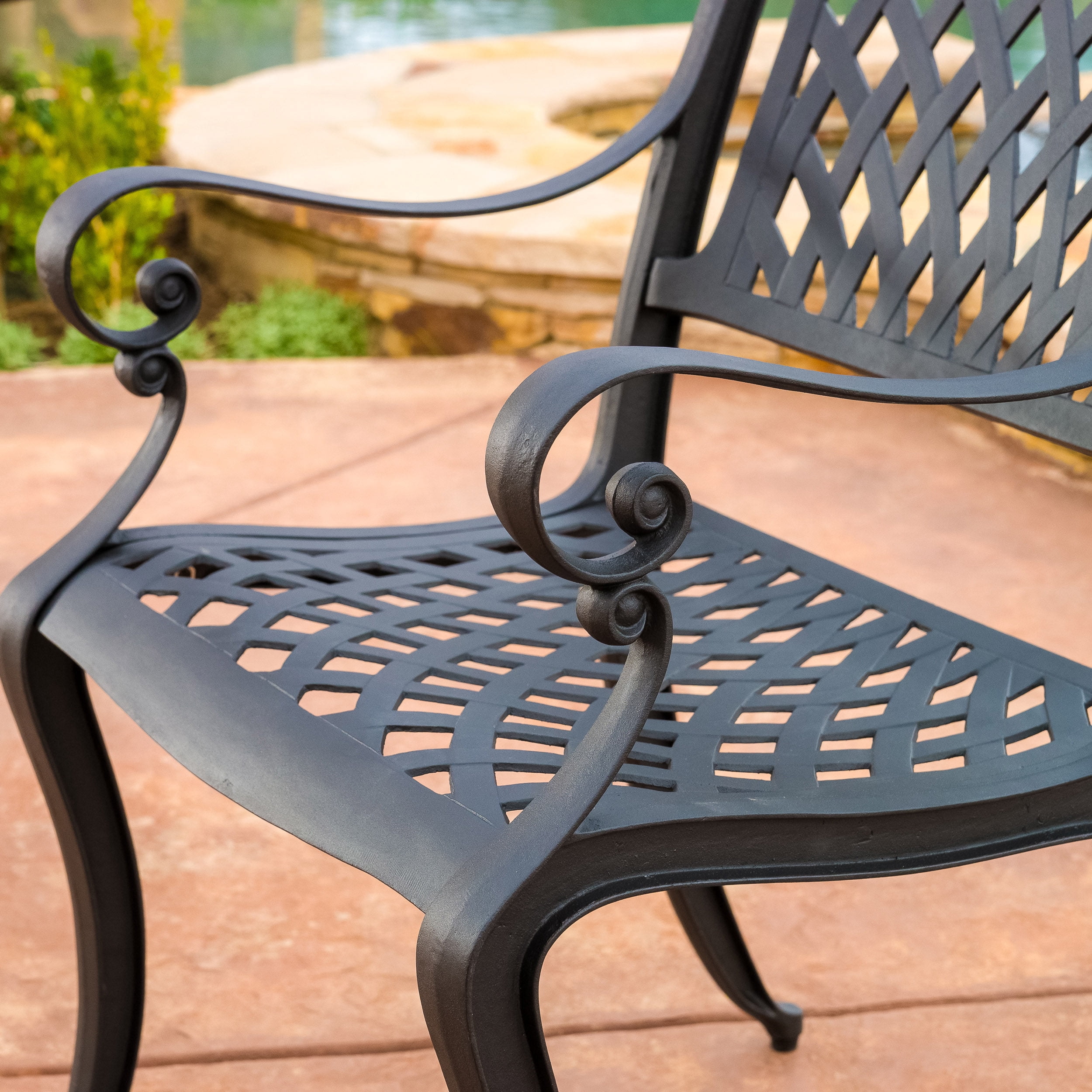 Outdoor Cast Aluminum Arch Mesh Dining Chair Set of 2, Fashion Household Seats for Patio Garden, Black Sand