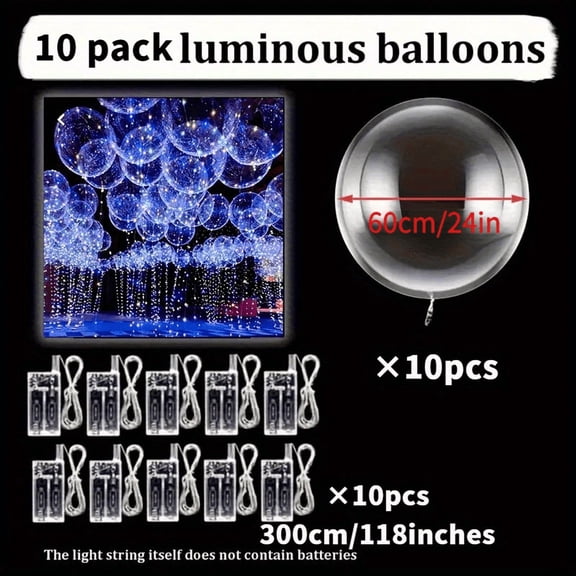 20-Piece LED Bubble Balloon Set, 10 x 24-Inch Balloons   3.94 x 118.11inch LED String Lights, Reusable Thickened Glow Balloons for Lawn Weddings, Birthday Parties, Graduations, Home Decor, Christmas