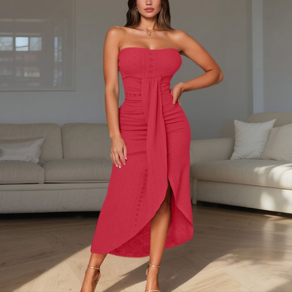 Women's Casual Summer Dress Sleeveless Strapless Solid Color Tunic Beach Vacation Outfit With Leggings Comfortable Breathable Flowy Backless Summer Dress Womens Loose Fit Dress Tie Waist Dress Summer