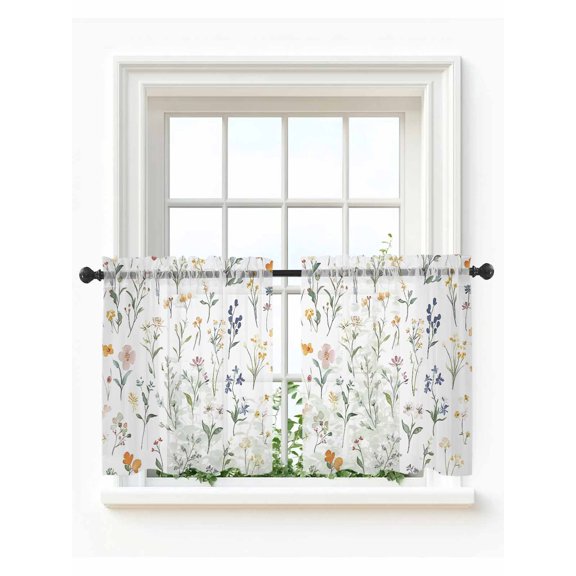 Rustic Wildflowers Tier Curtains 36 Inch Length,Sheer Curtains for Bedroom Living Room,Spring Pastoral Botanical Floral Rod Pocket Voile Drapes Kitchen Curtains Small Half Window 27.5"x36" 2 Panels