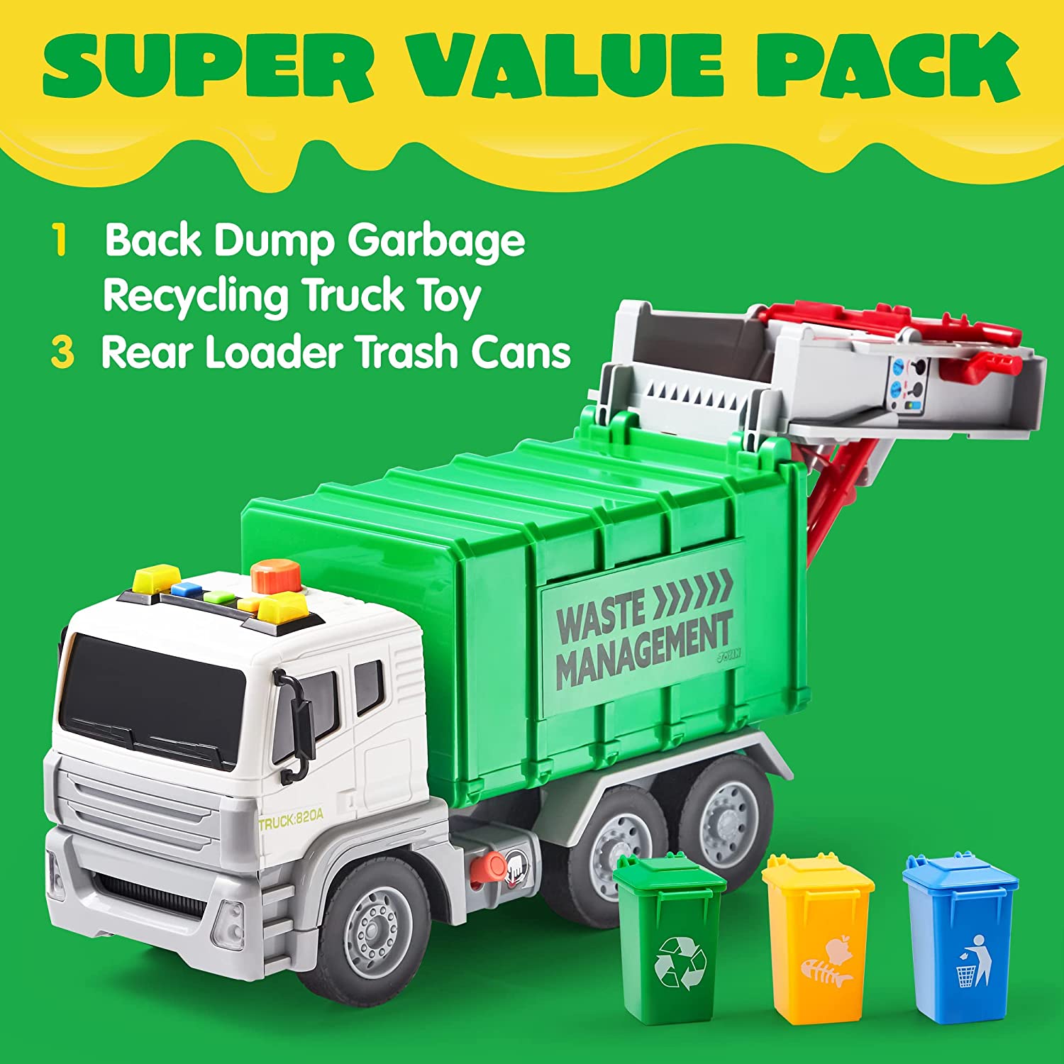 JOYIN joyin recycling garbage truck toy, kids diy assembly friction powered  side-dump garbage toy with light and sounds, 3 trash ca