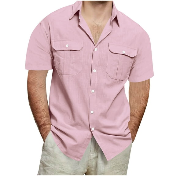lmcalzta Plus Size Mens Short Sleeve Dress Shirts Button down Cotton Linen Summer Beach Tshirts,M-5XL