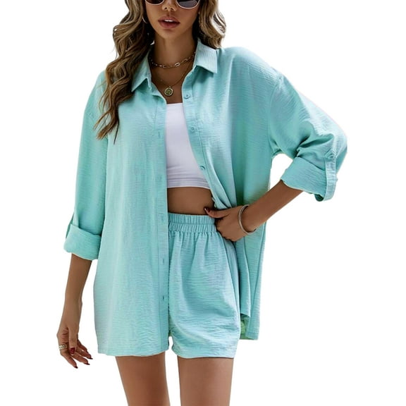 Michellecmm Women 2 Piece Outfits Solid Color Loose Long Sleeve Button Shirt and Casual Elastic Shorts Club Streetwear