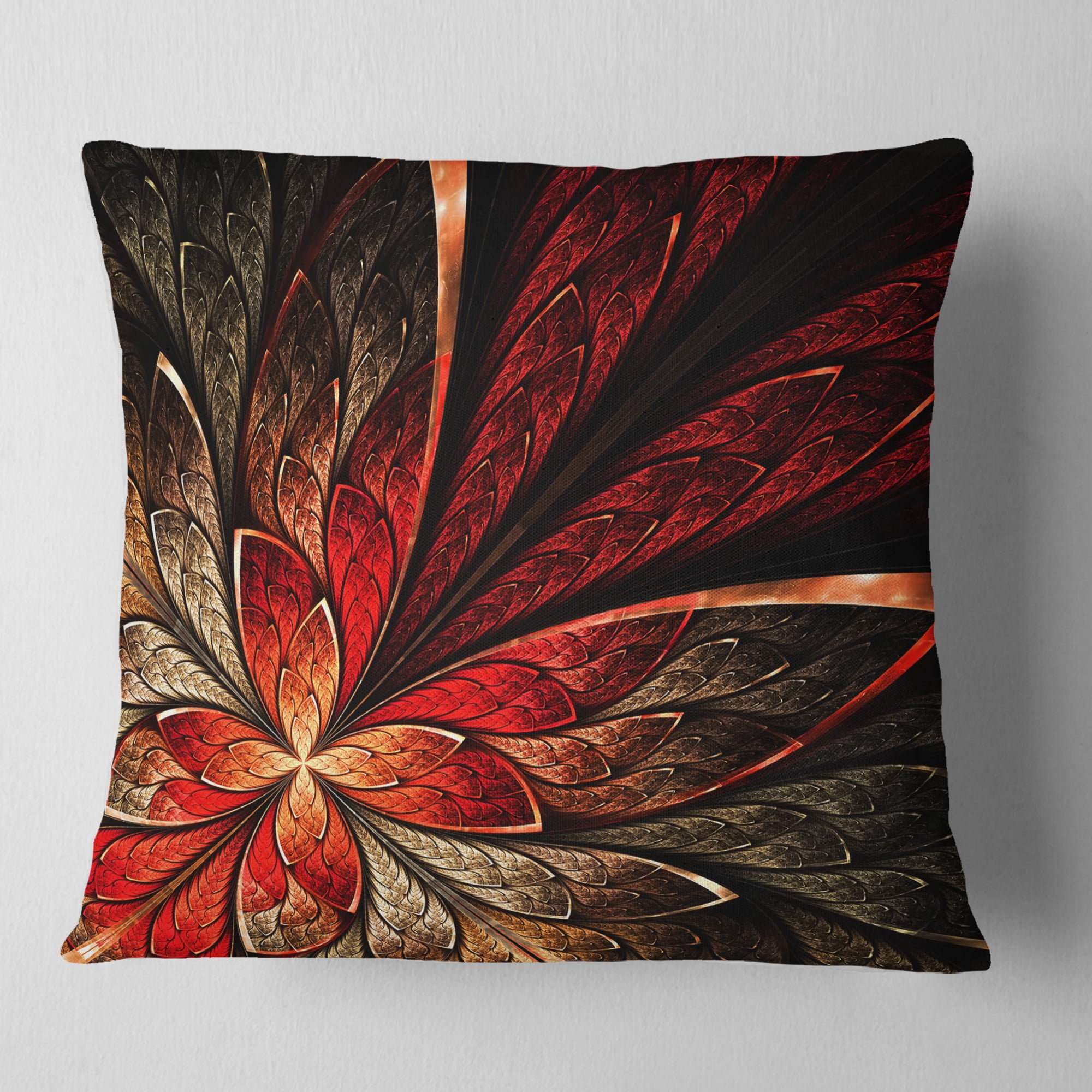 Designart Fractal Flower in Yellow and Red - Floral Throw Pillow - 16x16