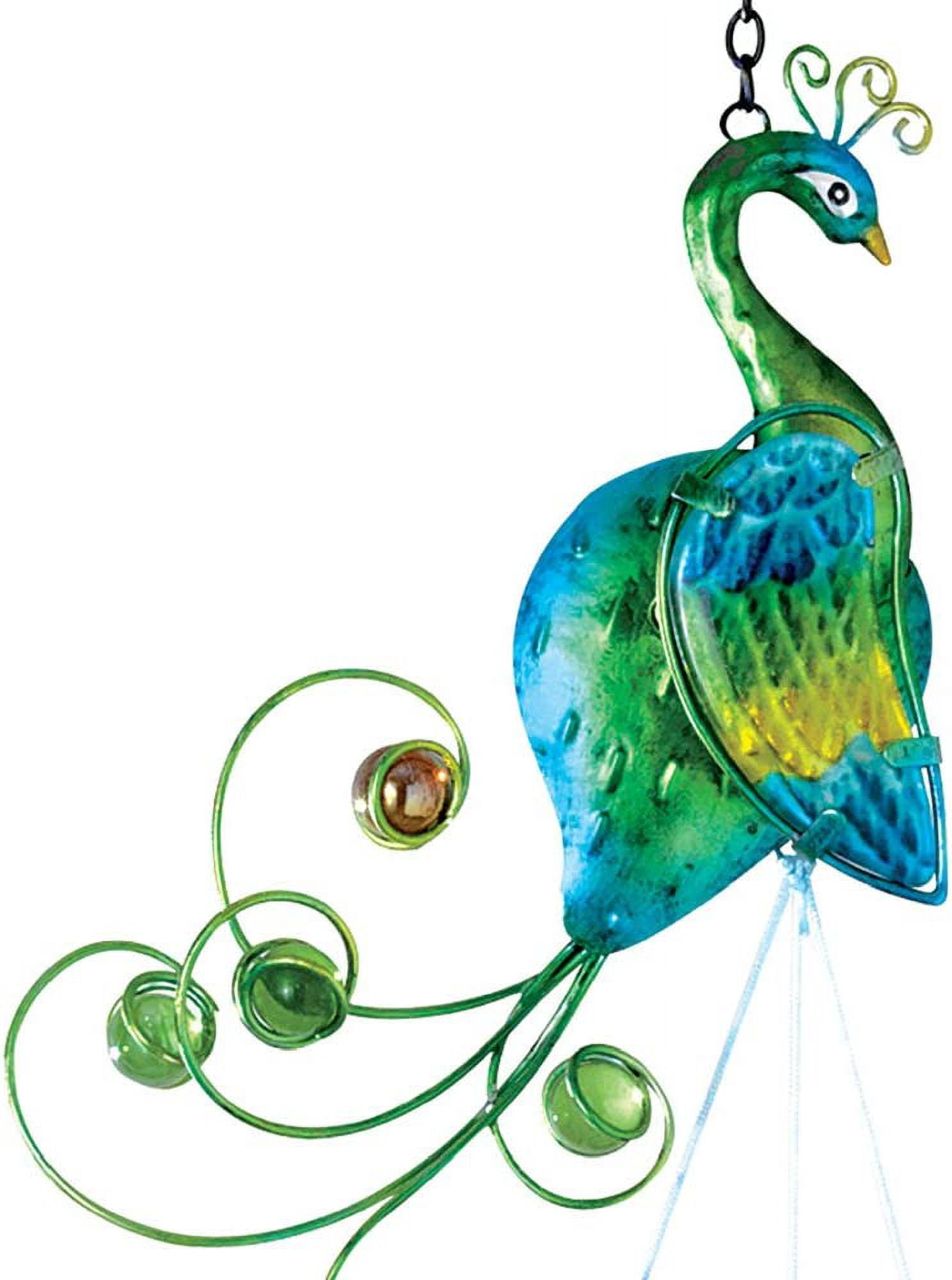 Bits and Pieces Colorful Peacock Wind Chimes Metal and Glass Hanging Sculpture and Chimes