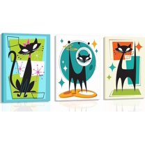 Futuristic Atomic Cats Wall Art Canvas Set Modern Tech Inspired Posters in Blue Green Orange Abstract Geometric Paintings Pictures and Prints Gallery Wall Decor for Living Room Bedroom Unframed