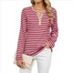 thumbnail image 3 of Camisetas de Larga A Rayas para Mujer, Informales, con Cuello en V, Bloques de Color, Corte Holgado, Básicas. Tiras Rojas XXL, 3 of 10