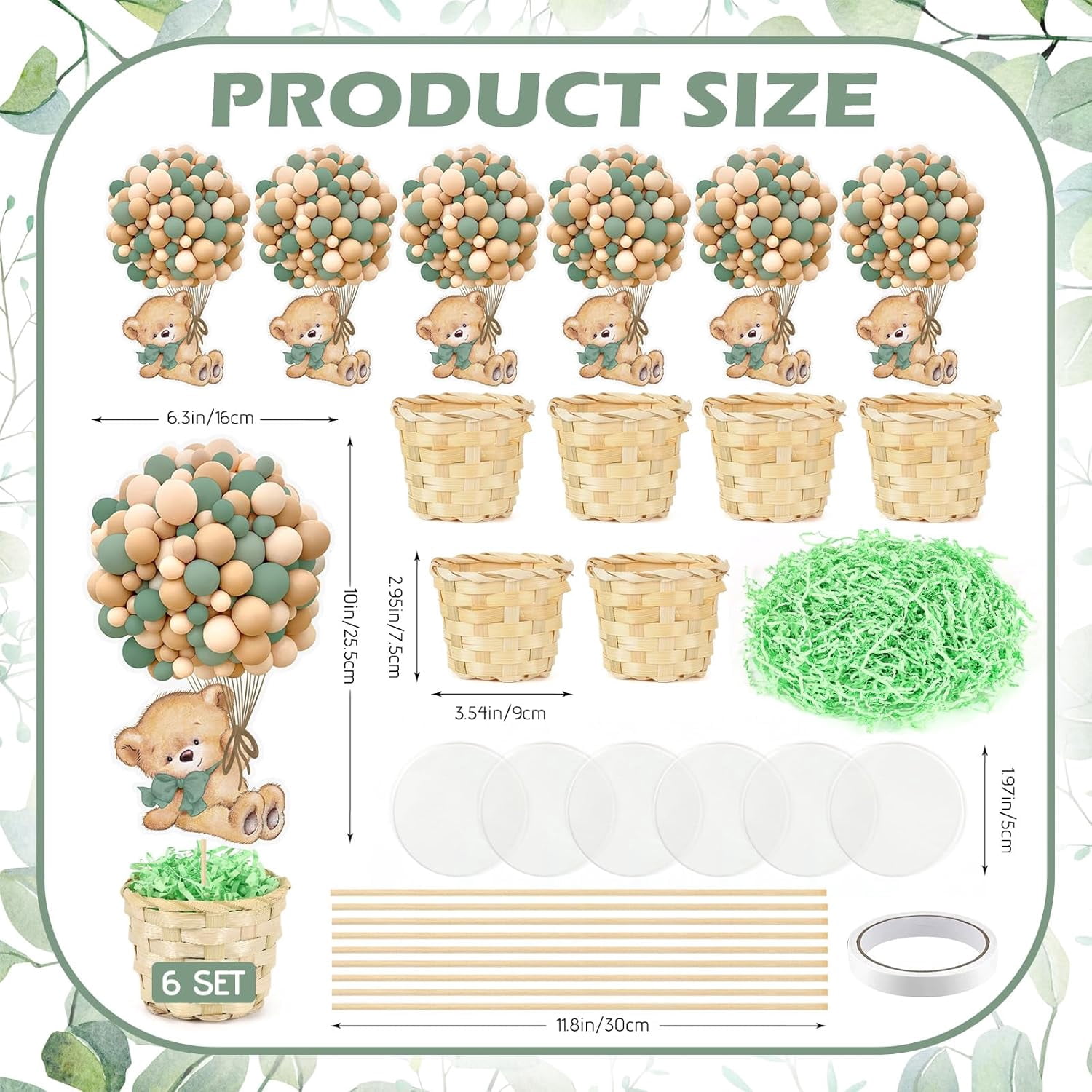 6 Set Sage Green Baby Shower Table Centerpieces Decortion Hot Air Balloon Cute Babys Bear with Bamboo Basket Lafite Garss Welcome Oh Baby We Can Bearly Wait Boy Or Girl Gender Reveal Party Favor
