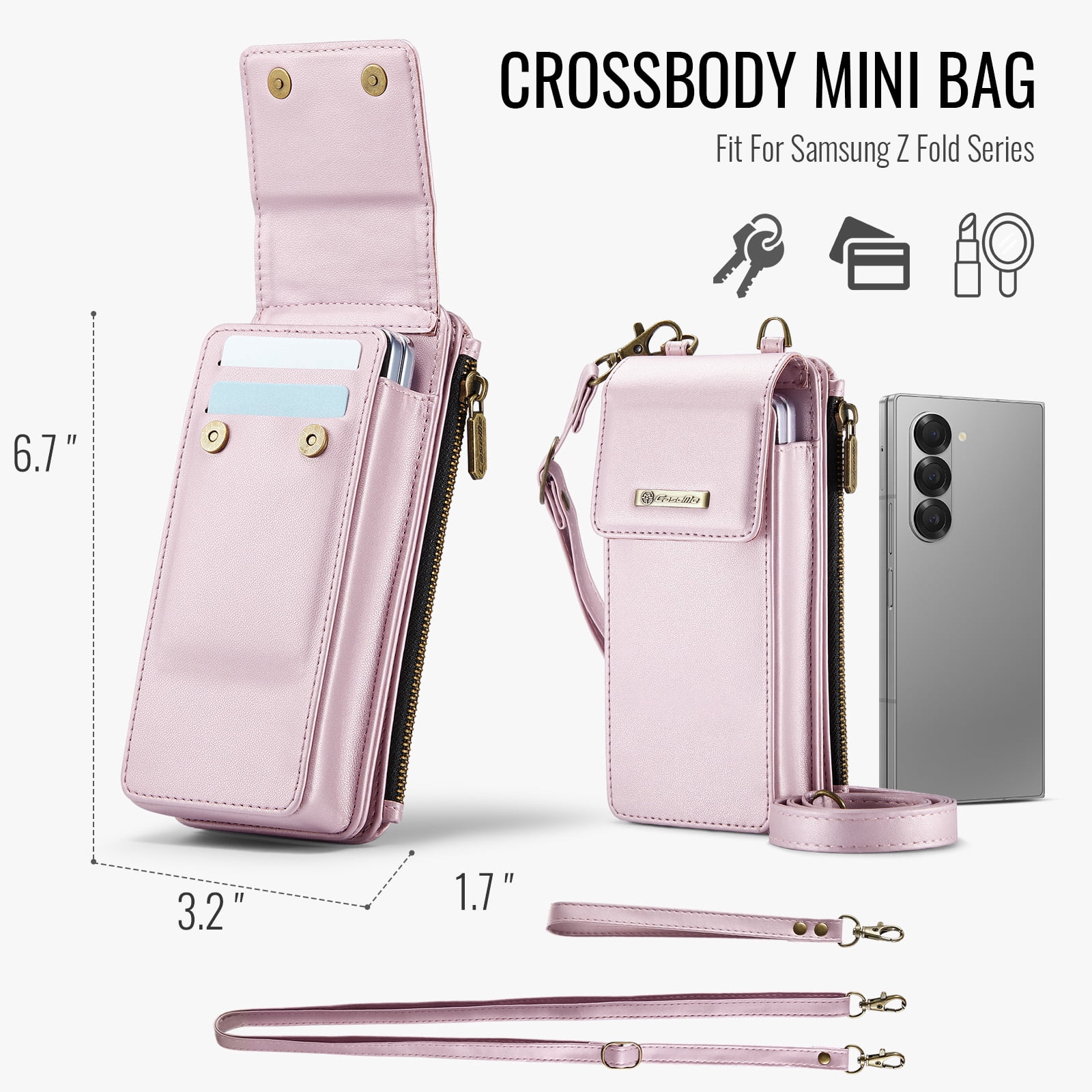 Crossbody Phone Bag Purse Wallet Case for iPhone/Galaxy/Pixel Series Cell Phones (Less Than or Equal to 7.6"), with Shoulder/Wrist Strap Lanyard, RFID Blocking Credit Card Slots, PU Leather Bag, Pink