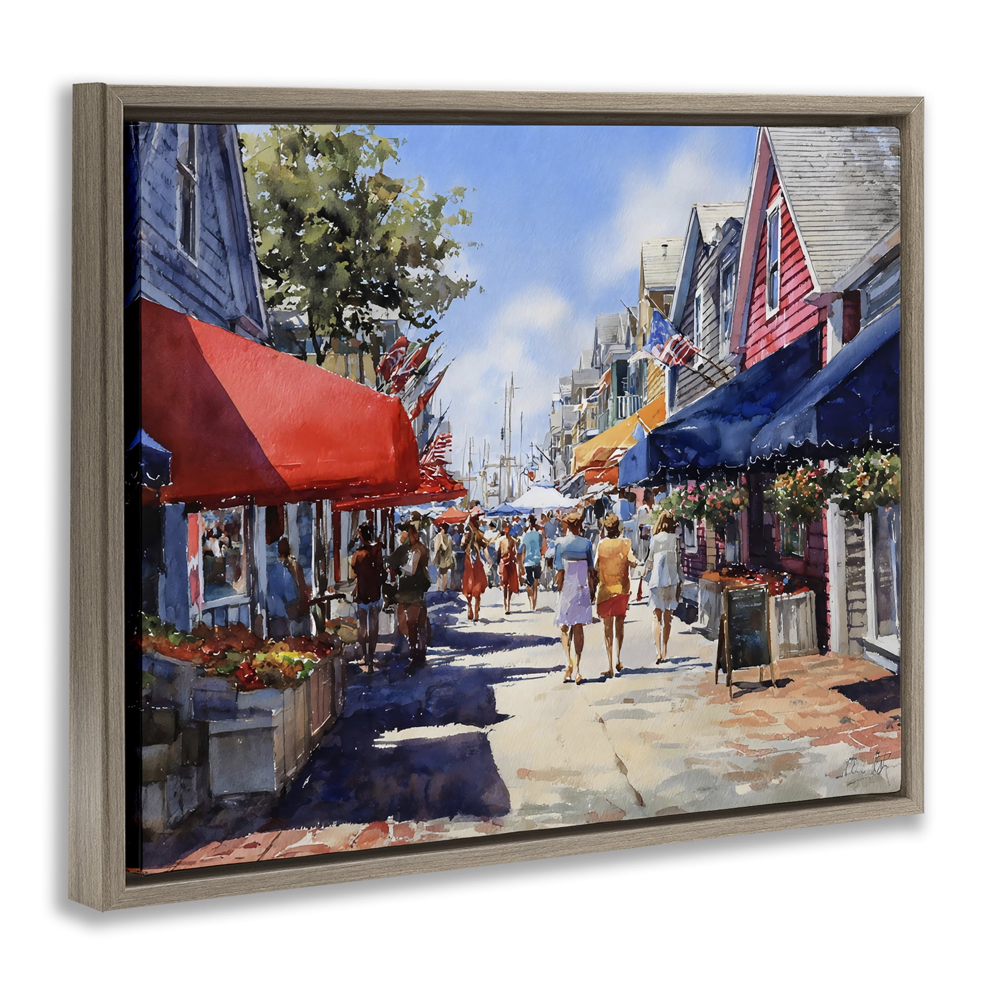 Stupell Industries American Coastal Town Stroll Brown Framed Floater Canvas Wall Art, design by Franklyn Gregory